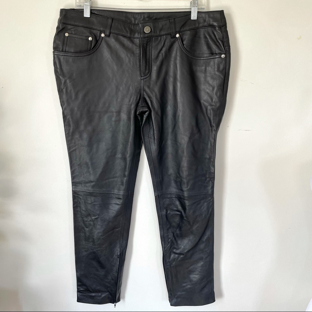 CREER New York 100% Lambskin Leather Black Moto Fitted Pants
